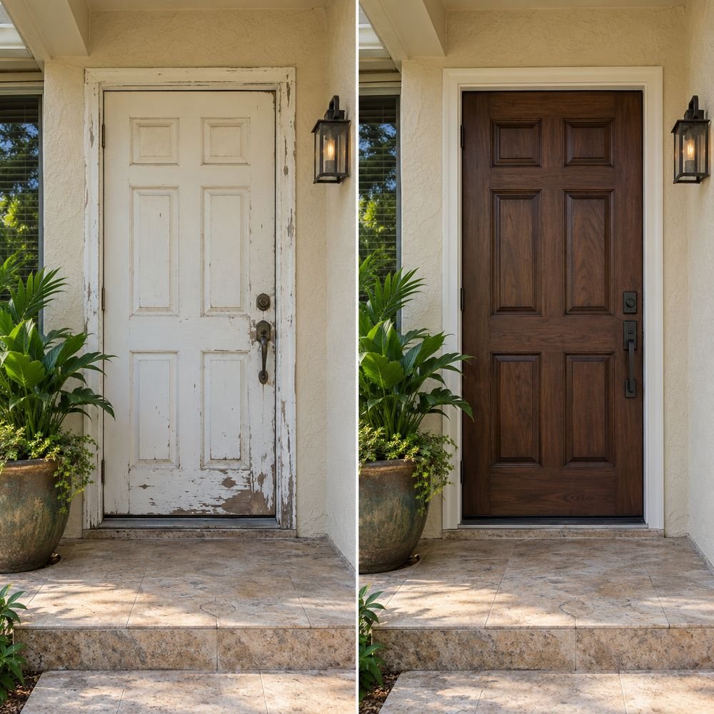 Side by side: an old peeling front door on the left and a new replacement door in the same doorway on the right