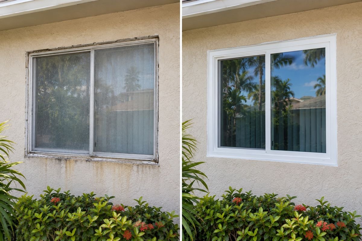 Side by side: an old weathered window on the left and a new replacement window in the same opening on the right