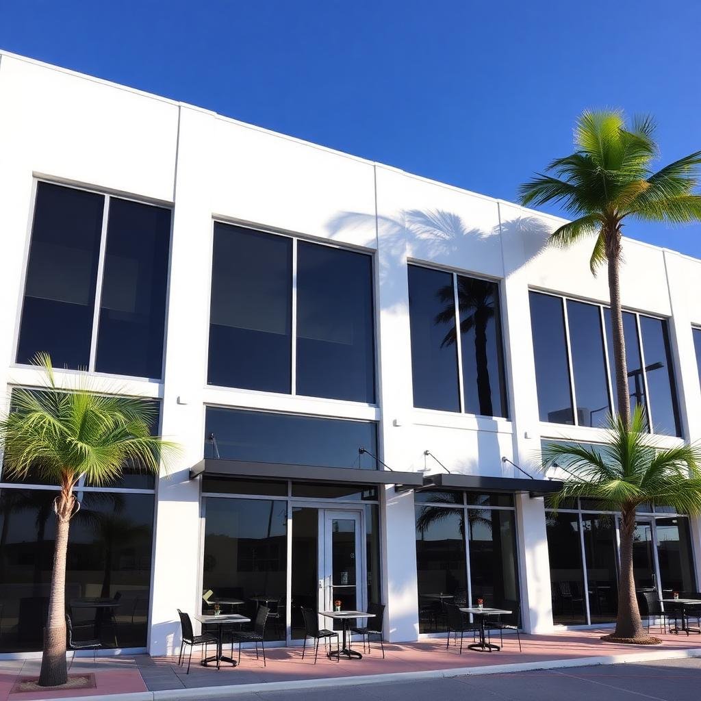 Modern commercial building with large impact storefront glass
