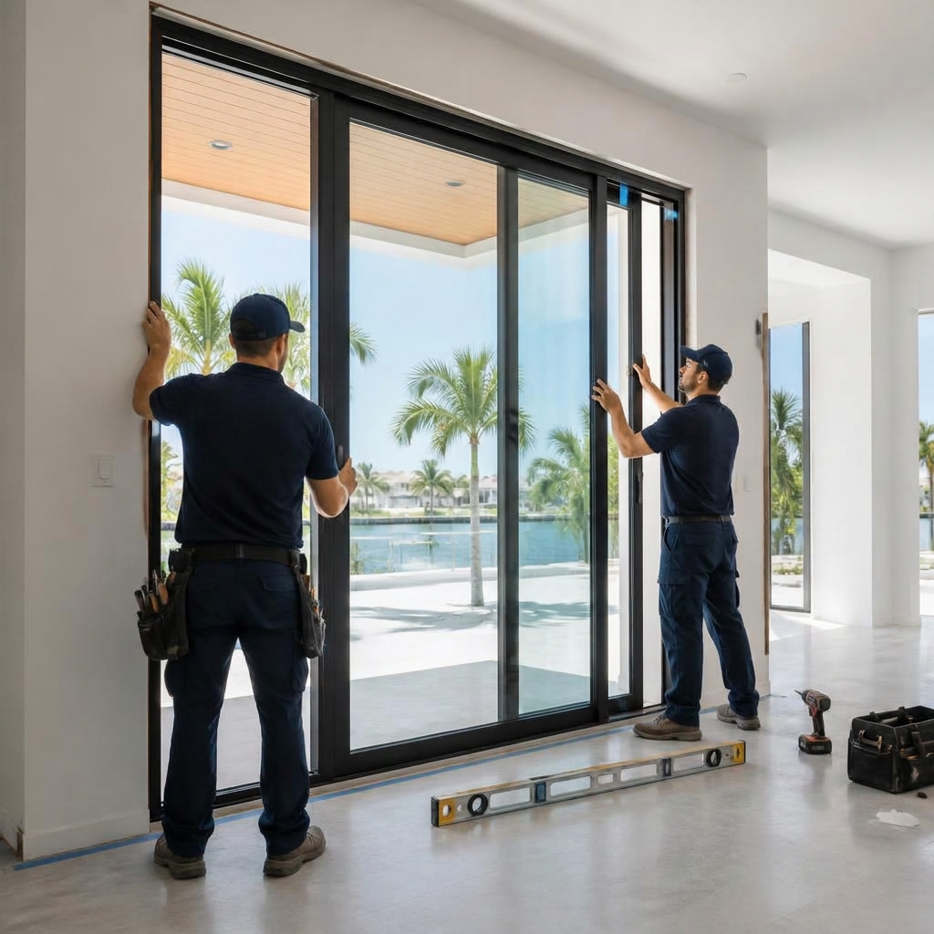 Professional installers fitting a large impact-resistant sliding glass door in a South Florida home