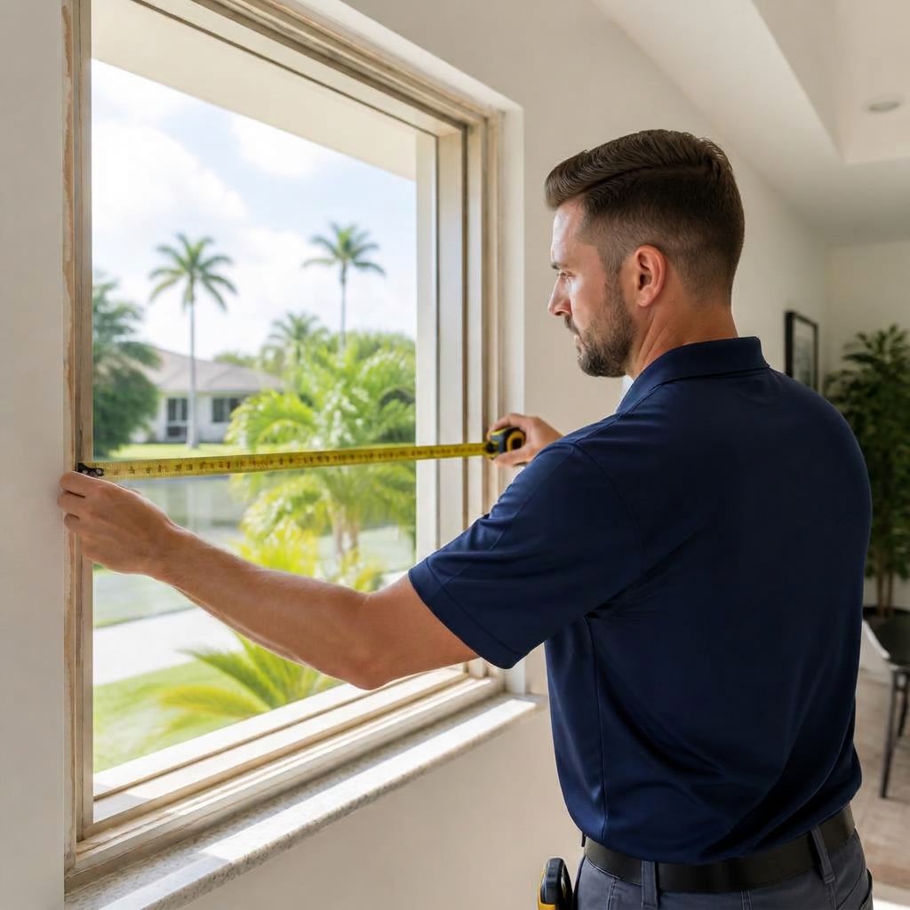 Installer measuring a window opening before installing a hurricane impact window