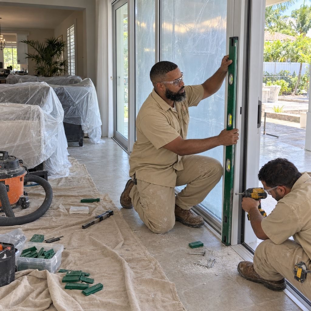 Installers leveling and anchoring a new impact sliding glass door inside a home