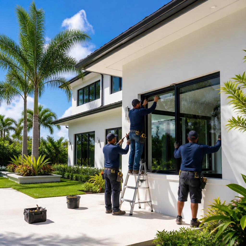 Installation crew completing impact window installation on a luxury Florida home