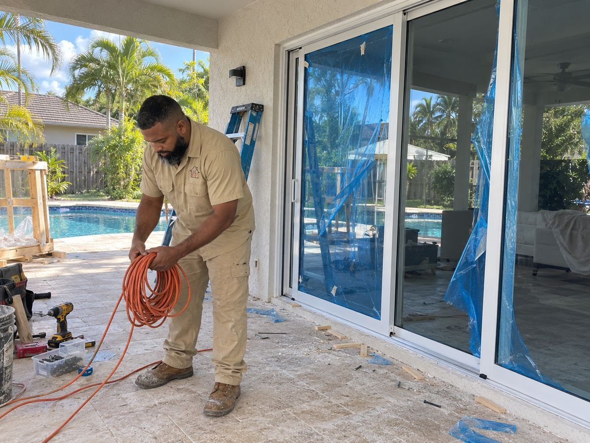Newly installed impact sliding glass doors on a covered pool patio