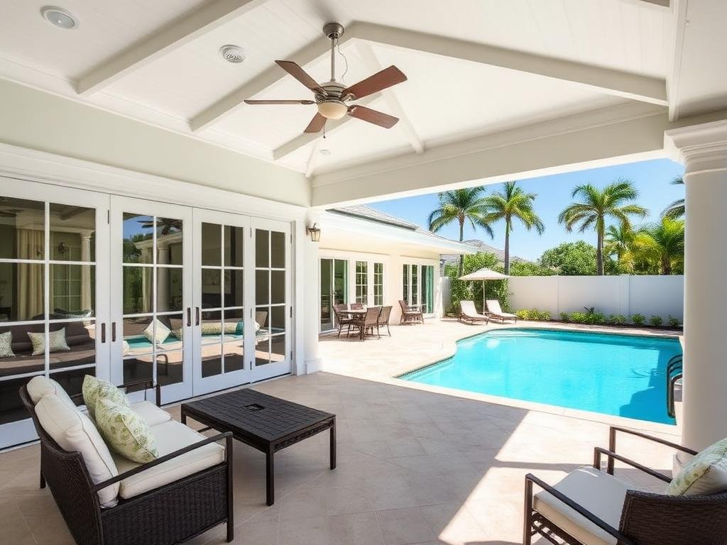 Covered patio with impact sliding glass doors overlooking a pool