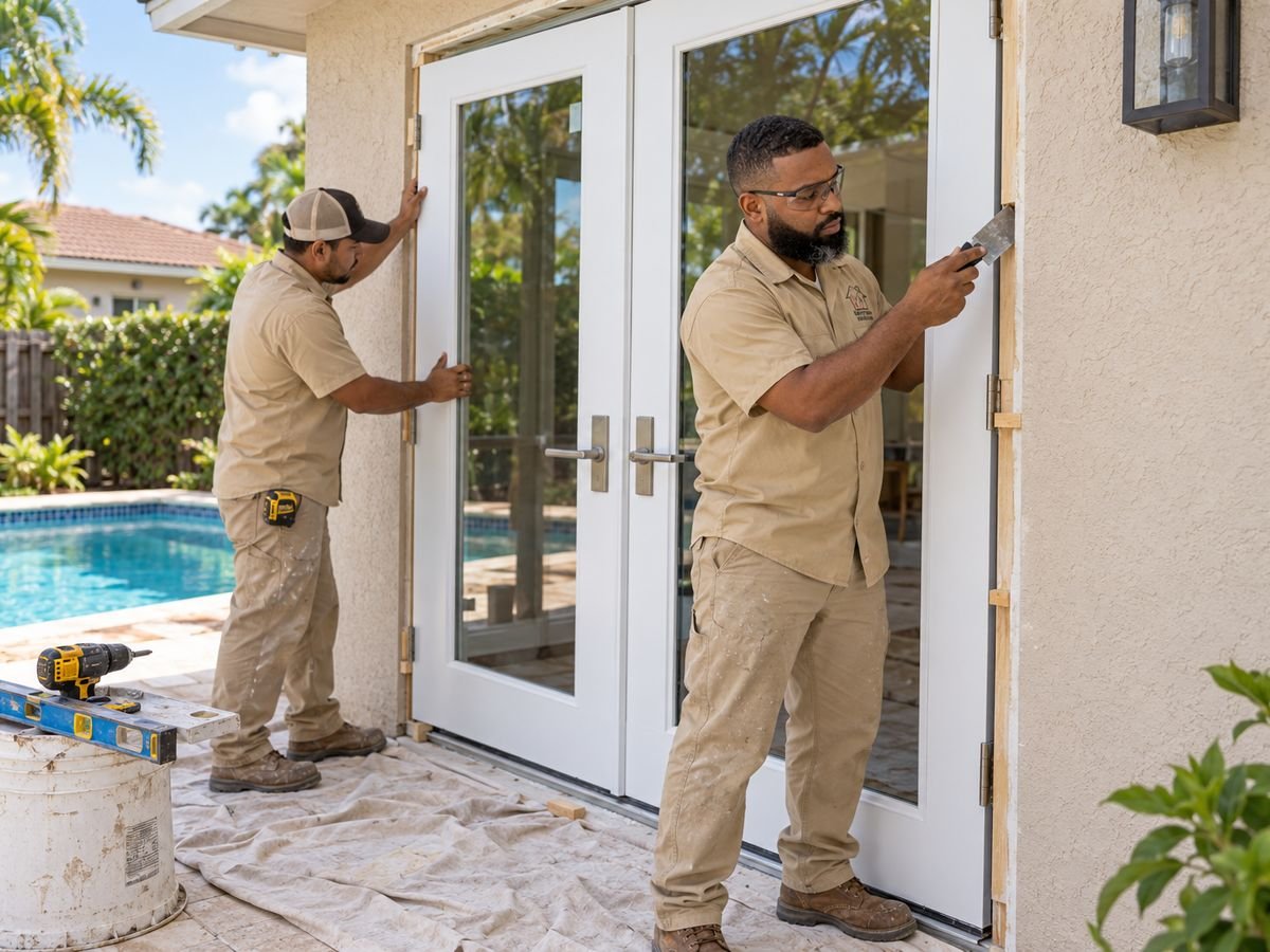 Installers fitting white impact French doors at the back of a stucco home