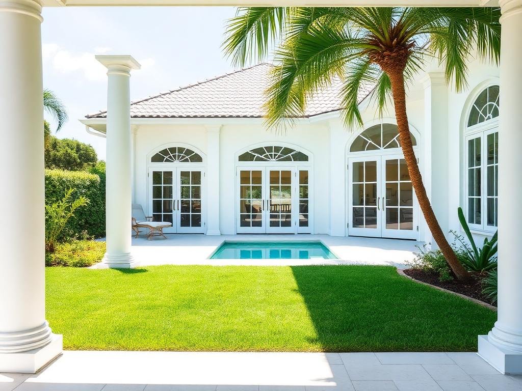 White Florida home with impact French doors facing the backyard pool