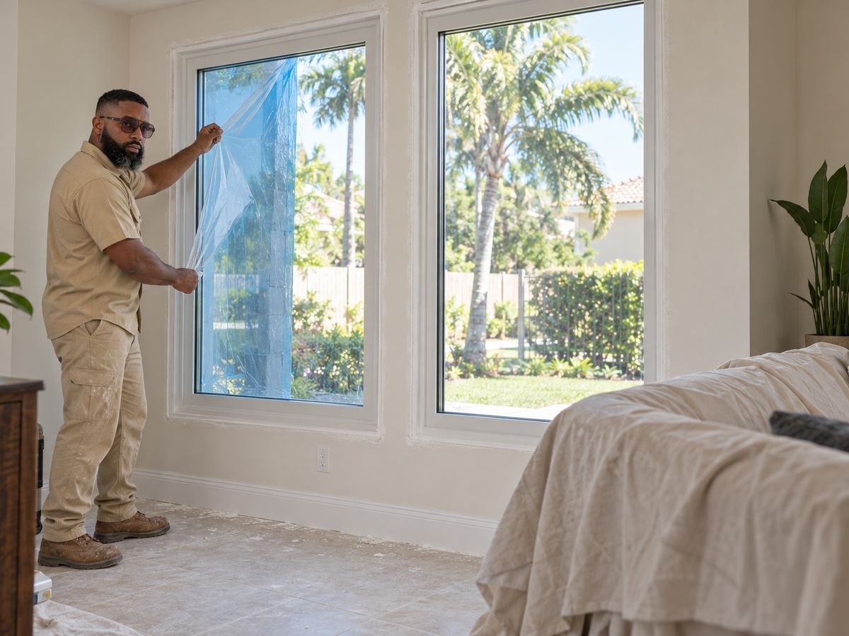 Installer peeling protective film off new impact windows in a living room