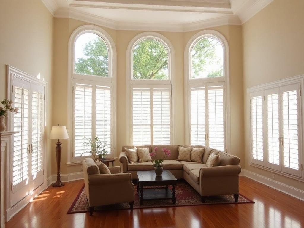 Bright living room with tall impact windows and plantation shutters