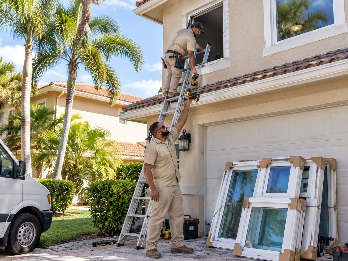 Crew installing impact windows on a two-storey South Florida home