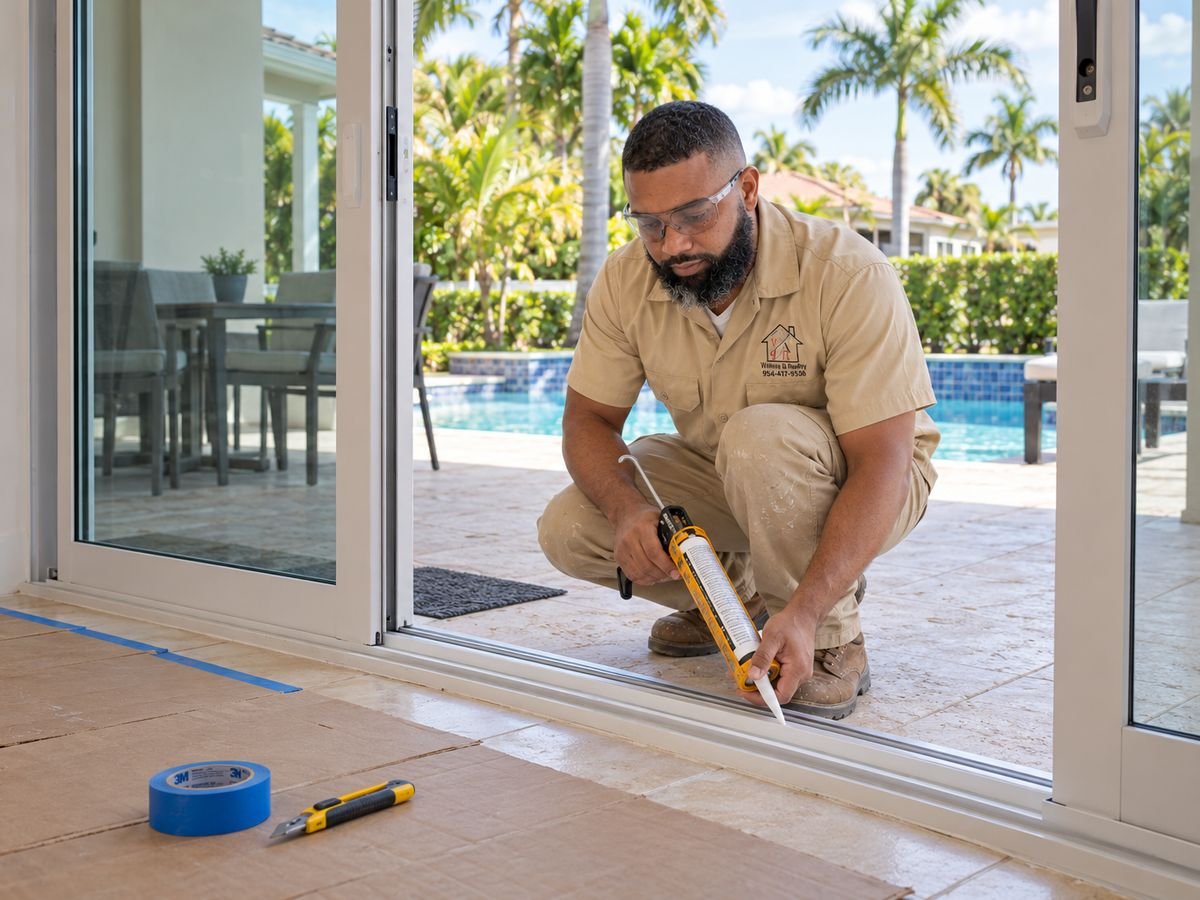 Installer sealing the track of a new impact sliding glass door