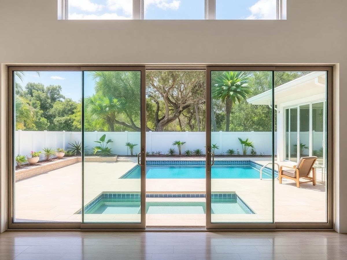 Impact sliding glass doors opening onto a pool patio
