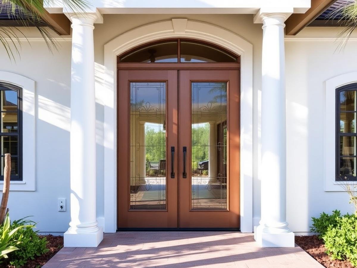 Impact-resistant double entry doors on a coastal Florida home