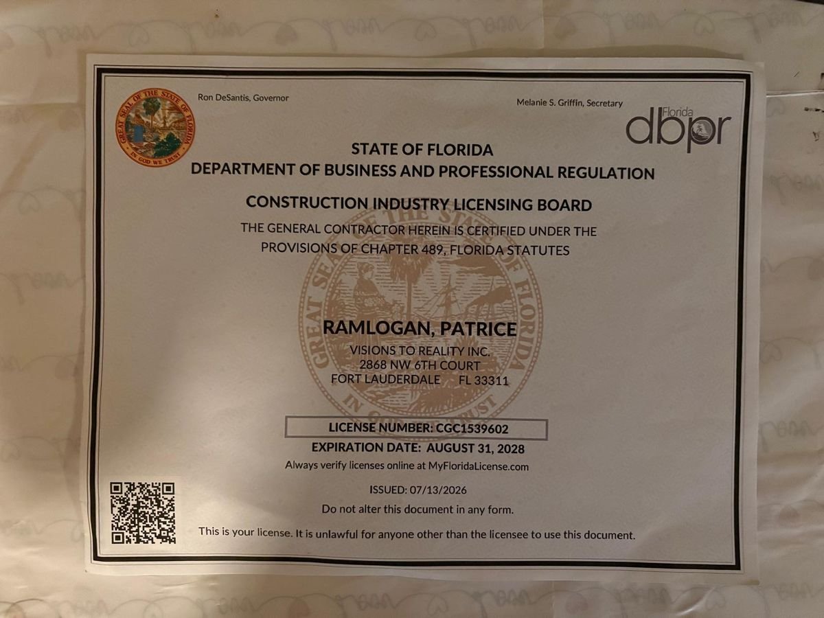 State of Florida general contractor license CGC1539602 for Visions To Reality Inc.